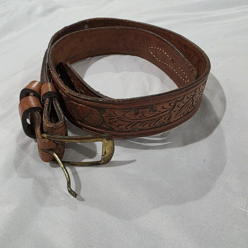 Vintage Mens Tooled Leather Belt 37‎ Inches Brown Leaves Acorns Outdoor Western